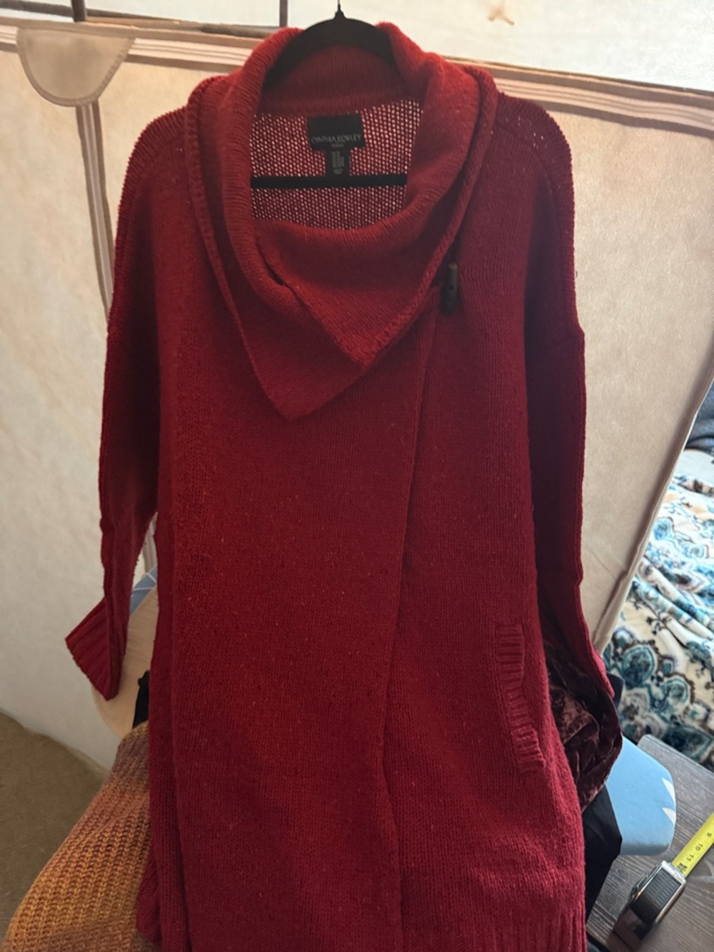 Cynthia Rowley Red Cowl Neck Open Front Sweater with toggle closure